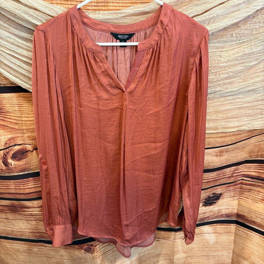 Vera Wang Womens Mauve Silk Feel Long Sleeve V Neck Pullover Top Size XL